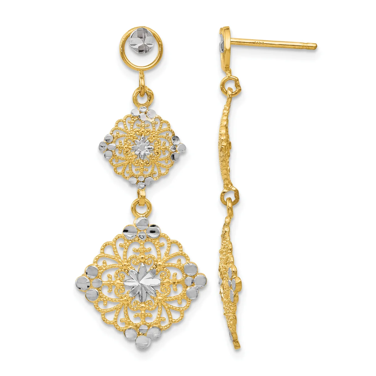 Pair of two-tone gold filigree drop earrings with diamond-shaped ornamental pendants featuring floral designs and small gemstone accents, shown front and side views.