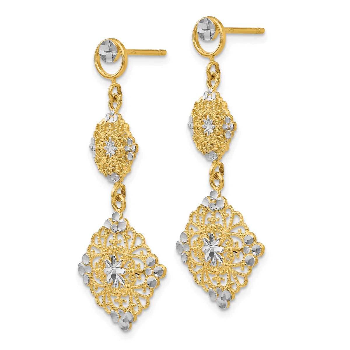 Pair of two-tone gold filigree drop earrings with diamond-shaped pendants and oval stud tops, displayed against a white background.
