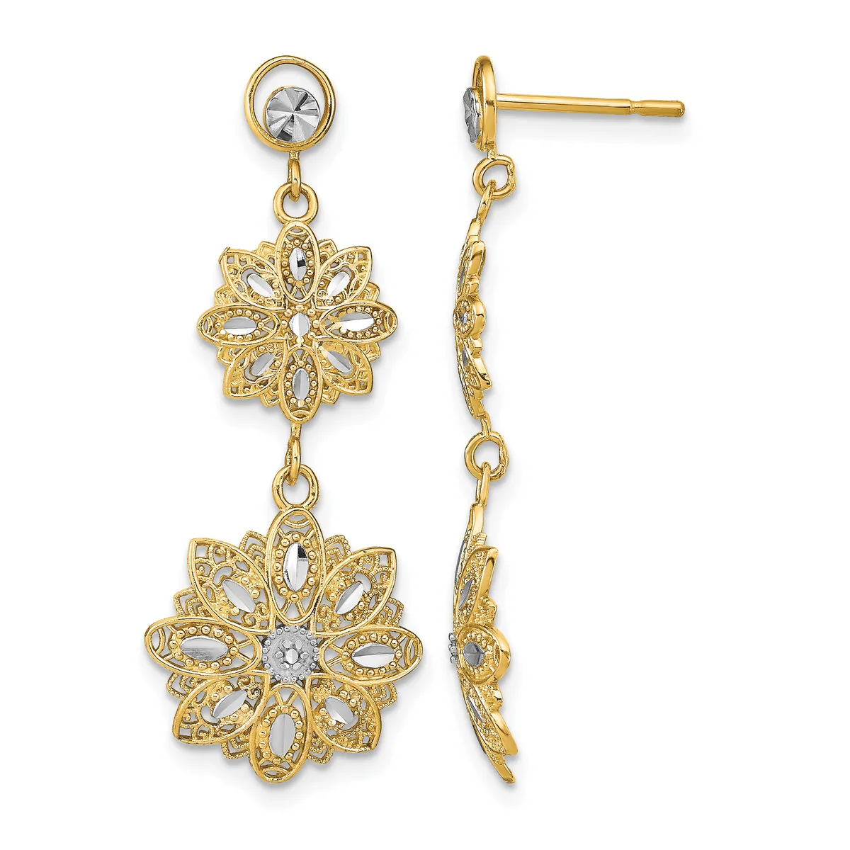 Pair of gold-toned drop earrings with round clear stone studs connected by chain links to two ornate flower-shaped pendants with openwork designs and center stones.
