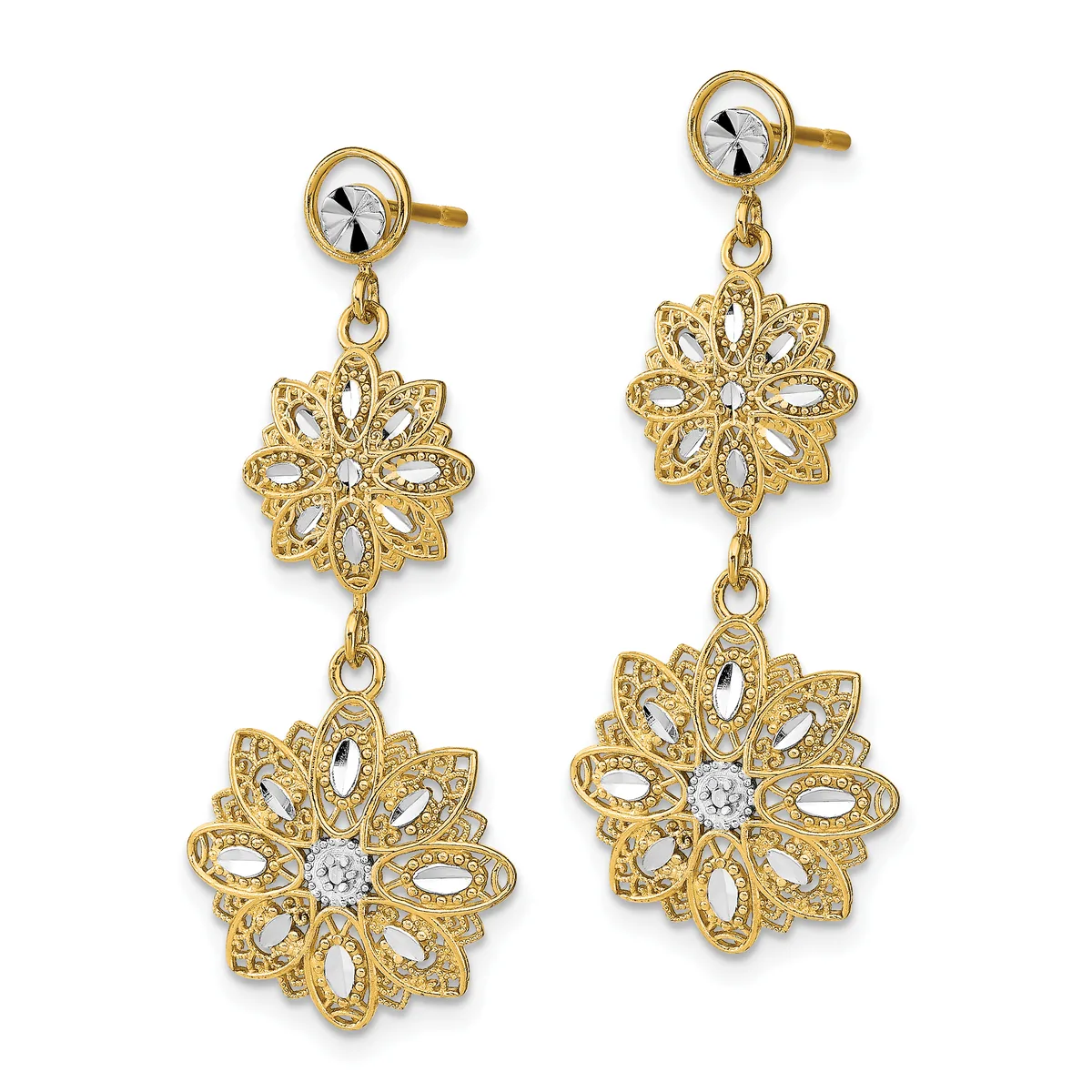 A pair of gold-toned dangle earrings featuring round crystal studs at the top and two tiered filigree flower charms with rhinestone centers, displayed against a white background.