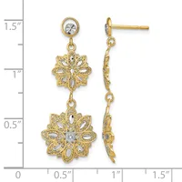 Two-tiered gold-tone filigree flower drop earrings with cubic zirconia accents, shown front and side view against a measurement scale.