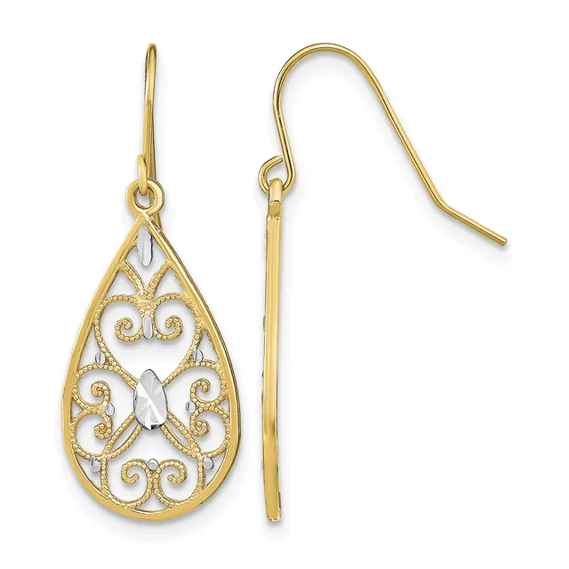 Pair of gold teardrop earrings with ornate filigree scrollwork design and a small white stone accent in the center, shown from front and side views.