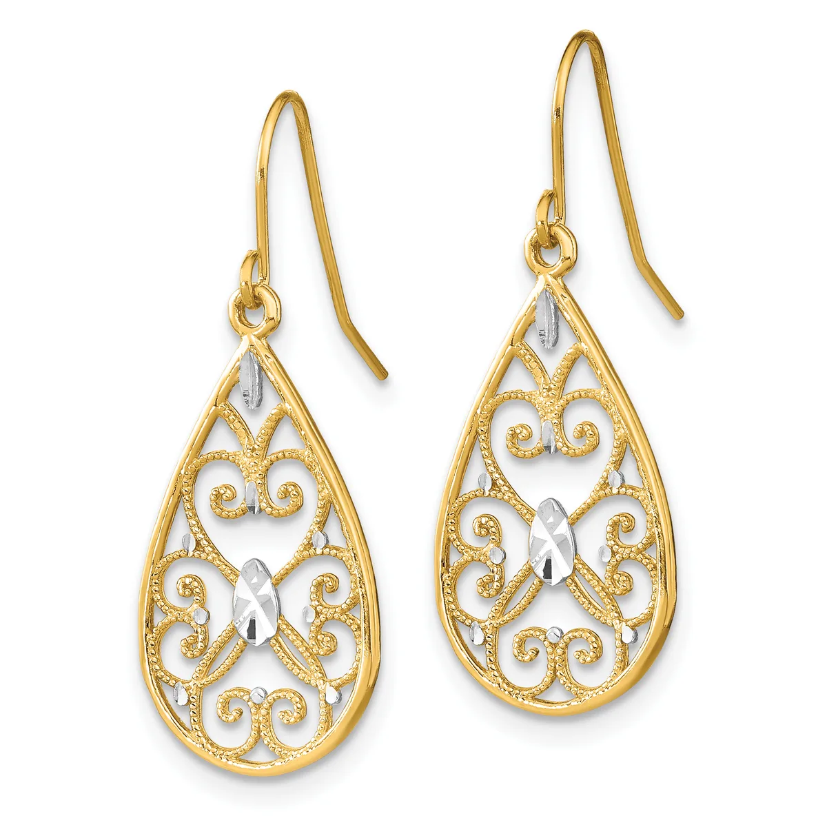 A pair of gold teardrop-shaped earrings with ornate filigree scrollwork and small rhinestone accents, suspended from curved gold ear wires.
