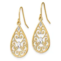 A pair of gold teardrop-shaped earrings with ornate filigree scrollwork and small rhinestone accents, suspended from curved gold ear wires.