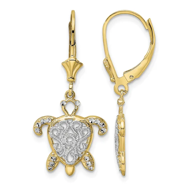Gold-toned turtle-shaped dangle earrings with filigree detailing and lever backs, shown from front and back views.