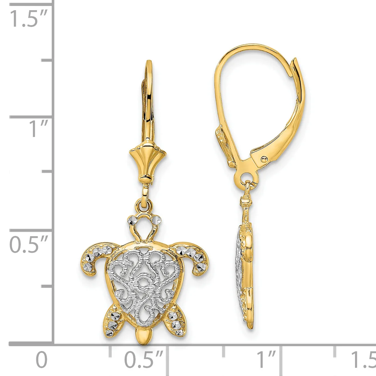 Two gold and diamond turtle-shaped dangle earrings with leverback closures, displayed against a measurement scale showing approximately one inch in length.