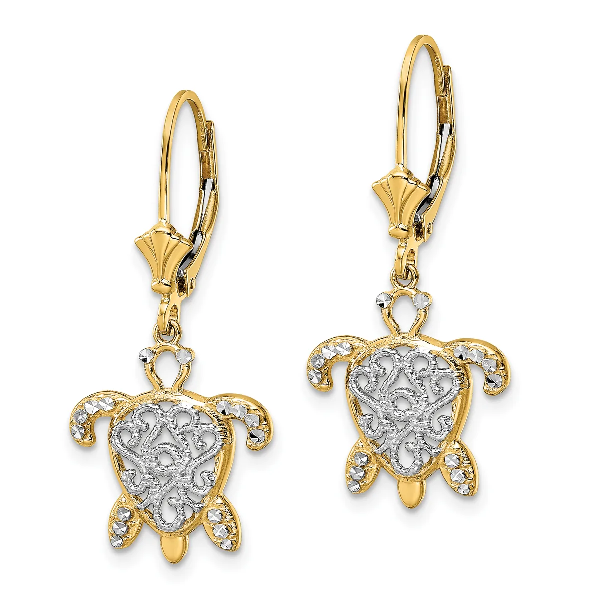 A pair of two-tone gold leverback earrings featuring ornate turtle charms with filigree detailing and diamond accents.