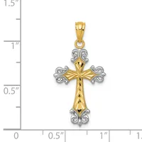 Two-tone gold cross pendant with decorative scrolled ends, shown against a ruler measuring approximately 1.25 inches in height.
