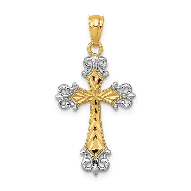 Two-tone gold and silver cross pendant with ornate scrolled corners and textured vertical stripe down the center, suspended from a bail loop.