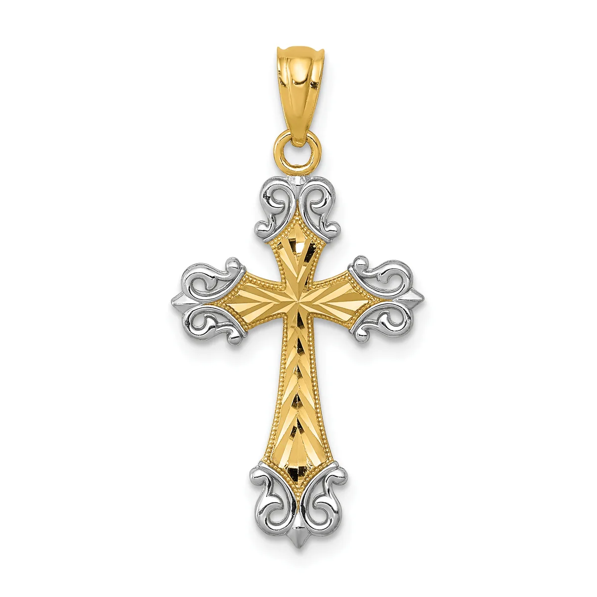 Two-tone gold and silver cross pendant with ornate scrolled corners and textured vertical stripe down the center, suspended from a bail loop.