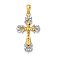 Two-tone gold and silver cross pendant with ornate scrolled corners and textured vertical stripe down the center, suspended from a bail loop.
