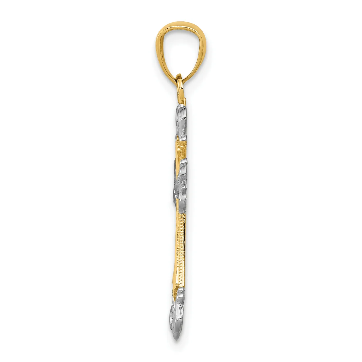 A two-tone gold and silver pendant with a teardrop-shaped loop at the top and a pointed bottom, featuring textured bands of alternating metal.