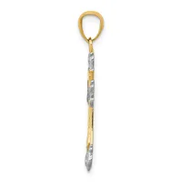 A two-tone gold and silver pendant with a teardrop-shaped loop at the top and a pointed bottom, featuring textured bands of alternating metal.