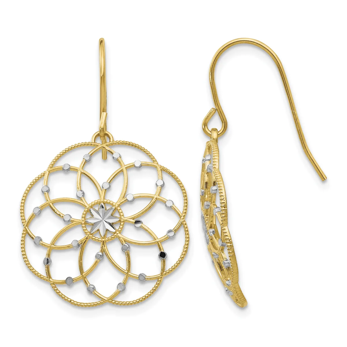 A pair of gold filigree flower-shaped earrings with small beaded accents and fish hook closures, shown from front and side views.