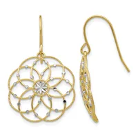 A pair of gold filigree flower-shaped earrings with small beaded accents and fish hook closures, shown from front and side views.