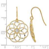 Gold-tone filigree flower drop earrings with textured petals and a rhodium-plated center, shown on a measurement scale indicating approximately 1.5 inches in length.