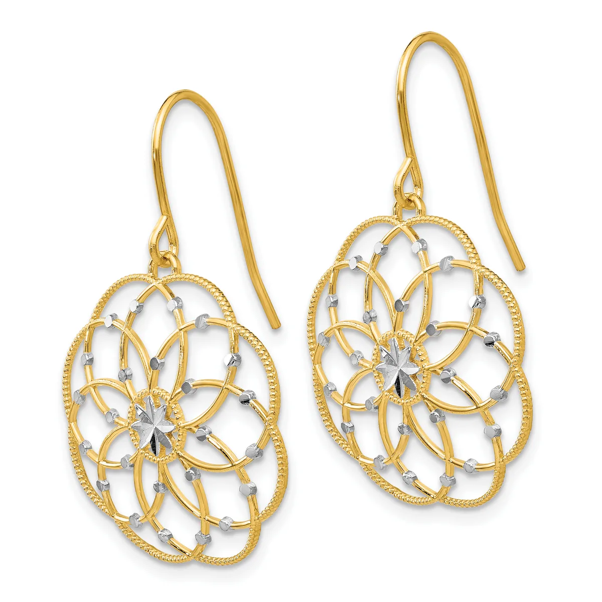 Pair of gold-toned drop earrings with ornate filigree flower designs and small gemstone accents, displayed against a white background.