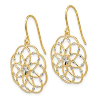 Pair of gold-toned drop earrings with ornate filigree flower designs and small gemstone accents, displayed against a white background.