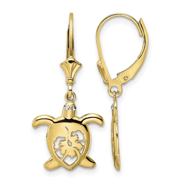 A pair of gold turtle-shaped dangle earrings with leverback closures, featuring cutout shell details and small diamond accents.