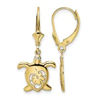 A pair of gold turtle-shaped dangle earrings with leverback closures, featuring cutout shell details and small diamond accents.