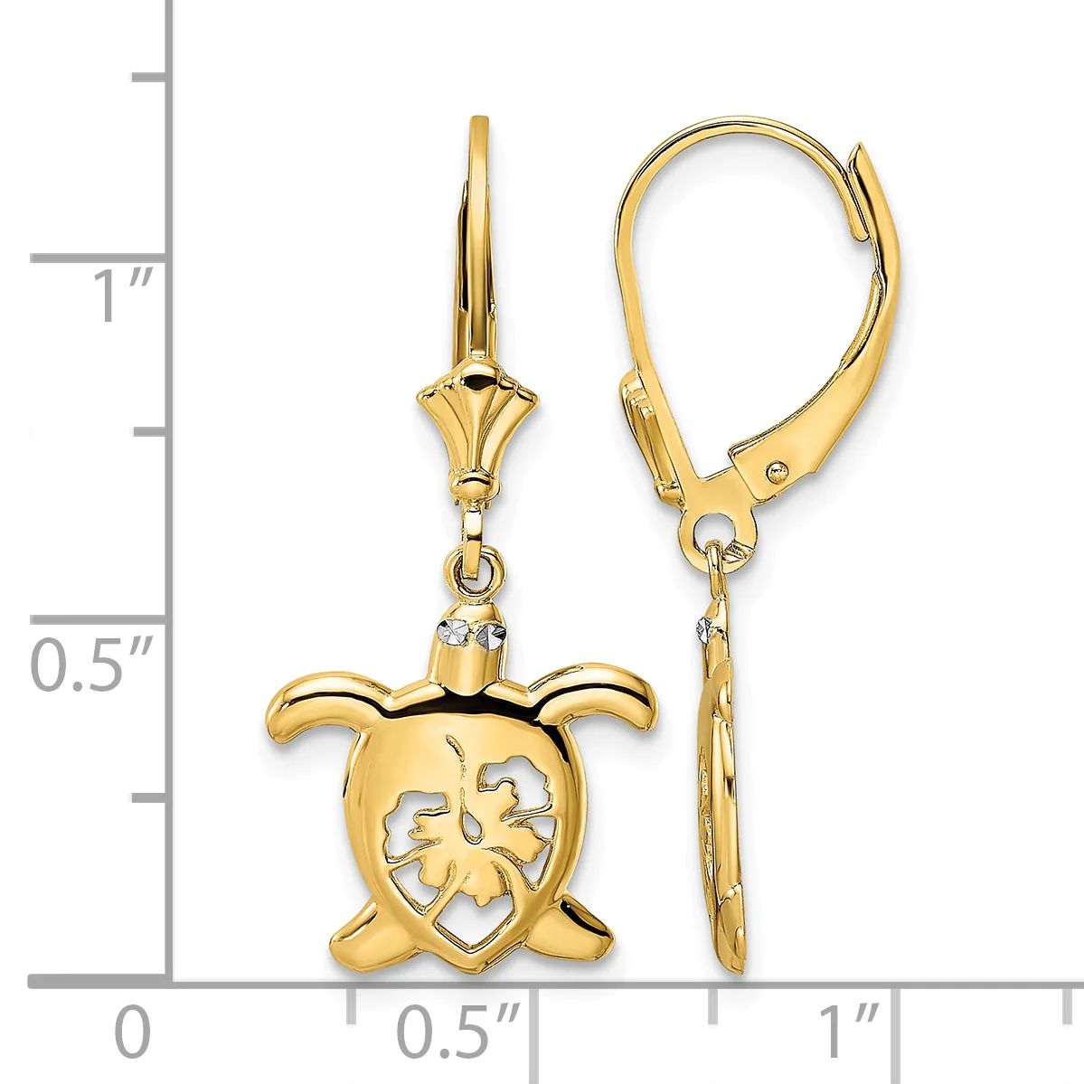 Gold-toned turtle-shaped dangle earrings with lever backs and filigree cutout details, shown next to a measurement scale.