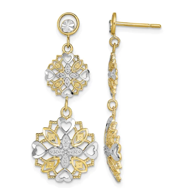 Pair of two-tier dangle earrings in gold and silver with round crystal studs, ornate snowflake-shaped charms set with small diamonds, and heart cutouts, shown from front and side views.