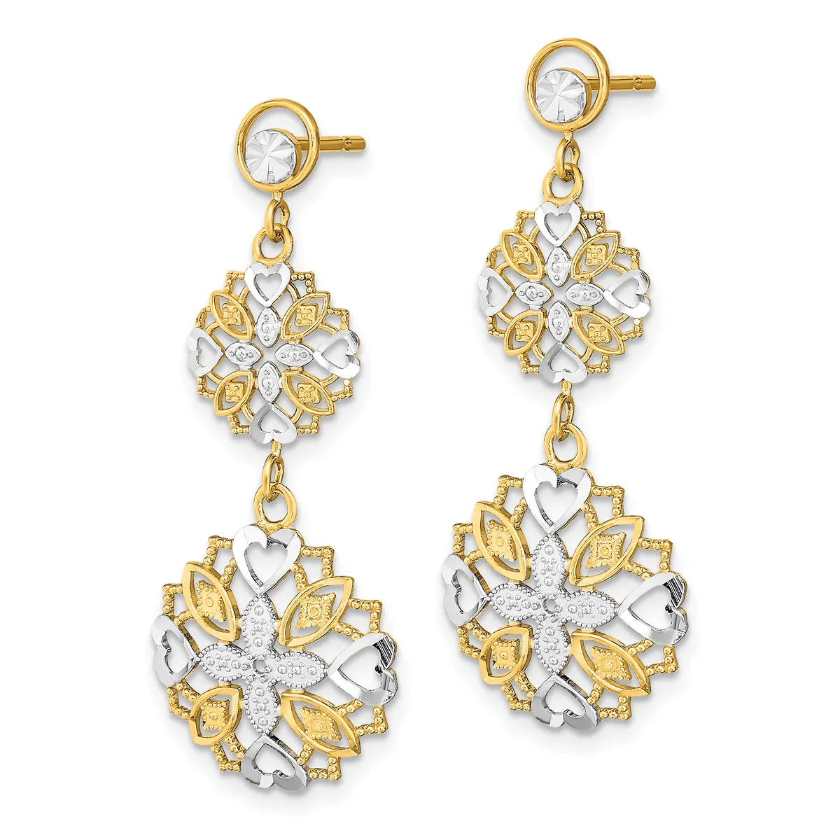 A pair of two-tiered drop earrings in gold and silver featuring flower-shaped pendants with textured petals and round crystal studs at the top.