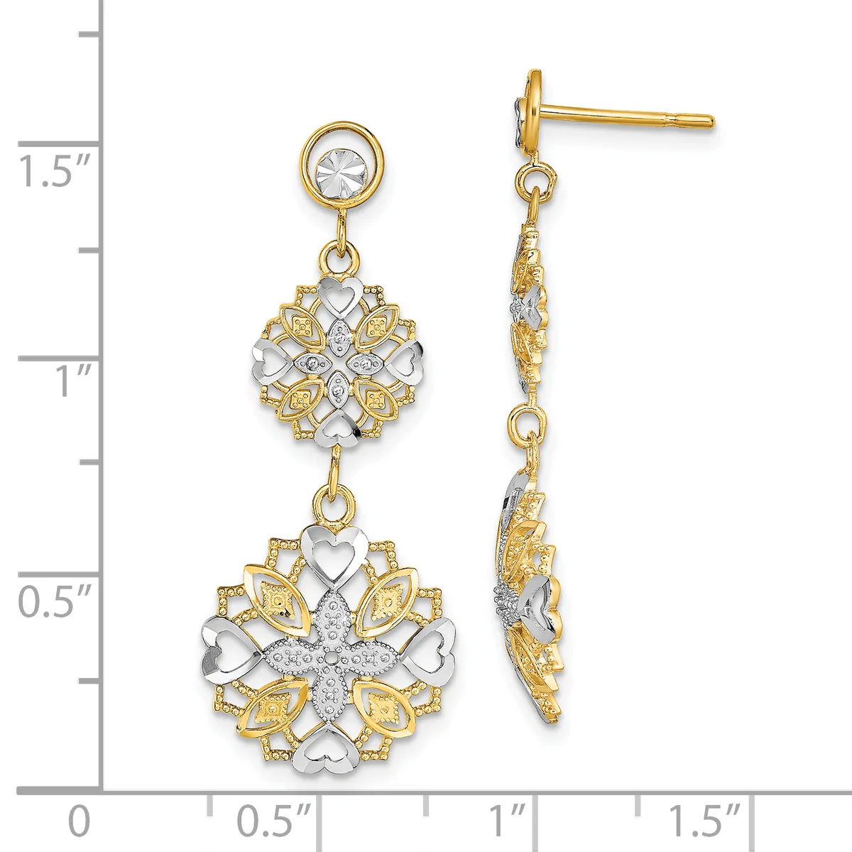 Two-tone gold and silver dangle earrings with round crystal studs, ornate floral medallions, and heart-shaped accents, displayed on a measurement scale.
