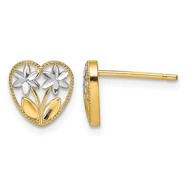 Pair of gold heart-shaped stud earrings with white flower and leaf designs, shown from front and side views.
