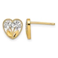 Pair of gold heart-shaped stud earrings with white flower and leaf designs, shown from front and side views.