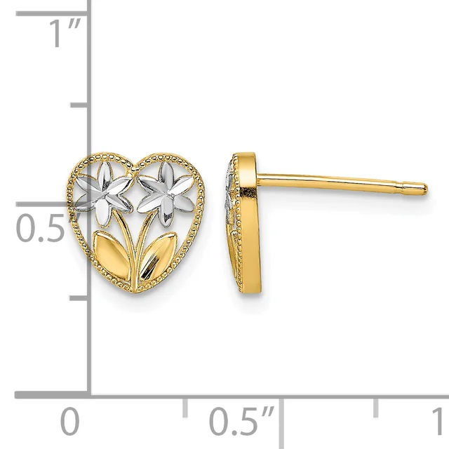 Two-tone gold heart-shaped stud earrings with white flowers and leaves, shown front and side view with measurement scale.