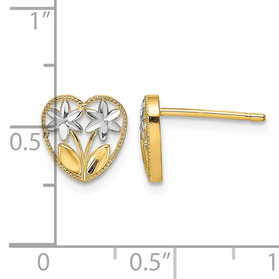 Two-tone gold heart-shaped stud earrings with white flowers and leaves, shown front and side view with measurement scale.