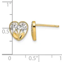 Two-tone gold heart-shaped stud earrings with white flowers and leaves, shown front and side view with measurement scale.