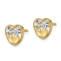 Pair of heart-shaped stud earrings in two-tone gold with white flower designs and textured borders, shown from the front.