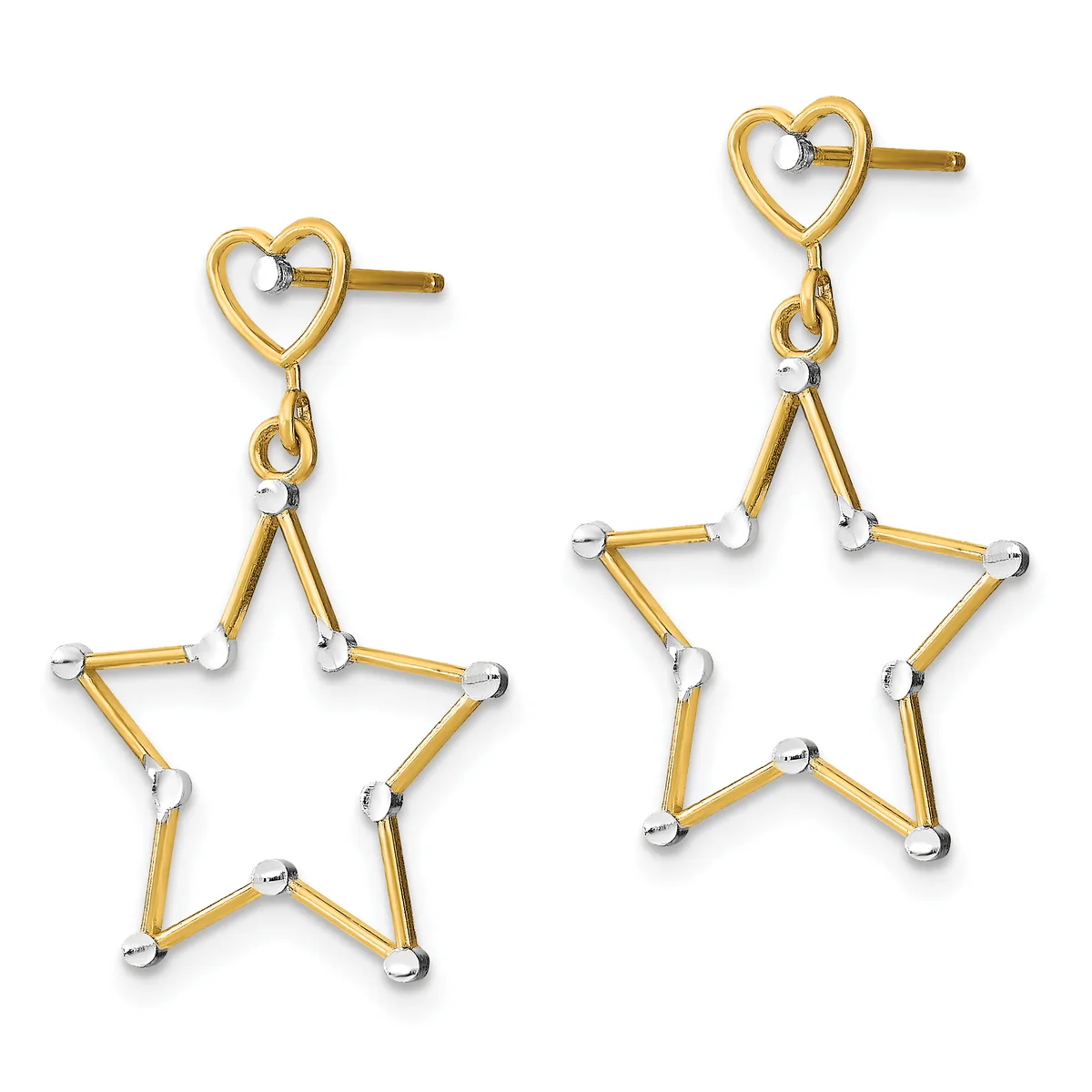Pair of gold-plated heart stud earrings with dangling star charms accented by small silver-toned beads at each point.