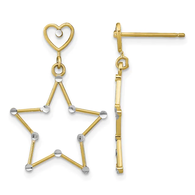 Pair of gold-toned dangle earrings featuring a heart at the top and a star outline below, with small silver-toned spheres at each point of the star.
