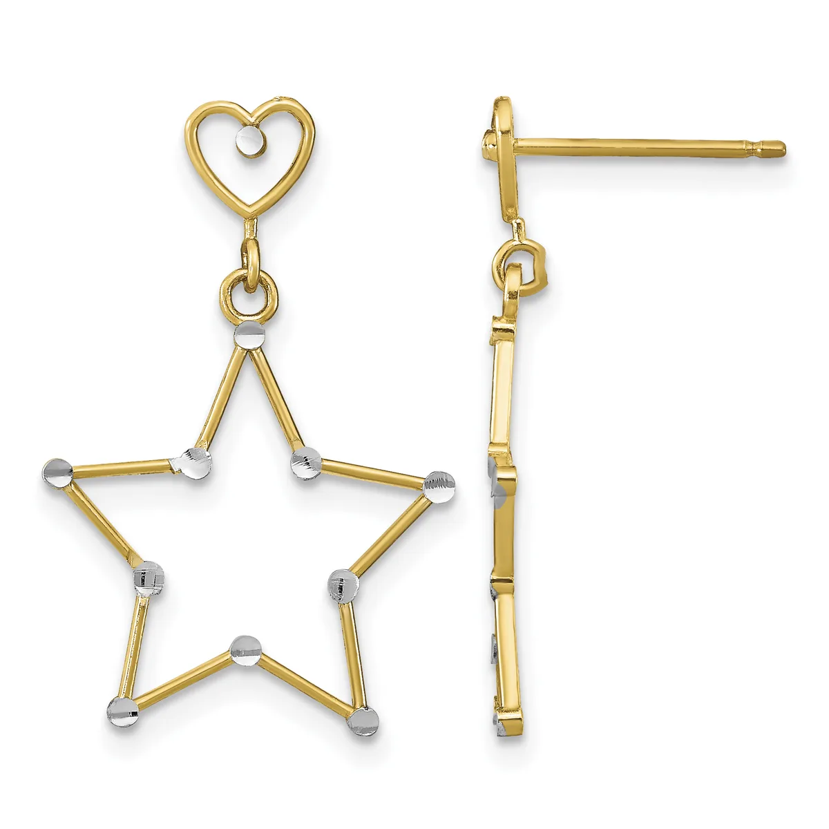 Pair of gold-toned dangle earrings featuring a heart at the top and a star outline below, with small silver-toned spheres at each point of the star.
