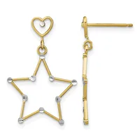 Pair of gold-toned dangle earrings featuring a heart at the top and a star outline below, with small silver-toned spheres at each point of the star.