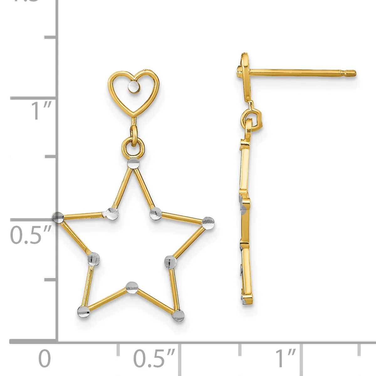 Gold-tone heart and star dangle earrings with white pearl accents, shown next to a measurement scale indicating approximately one inch in length.