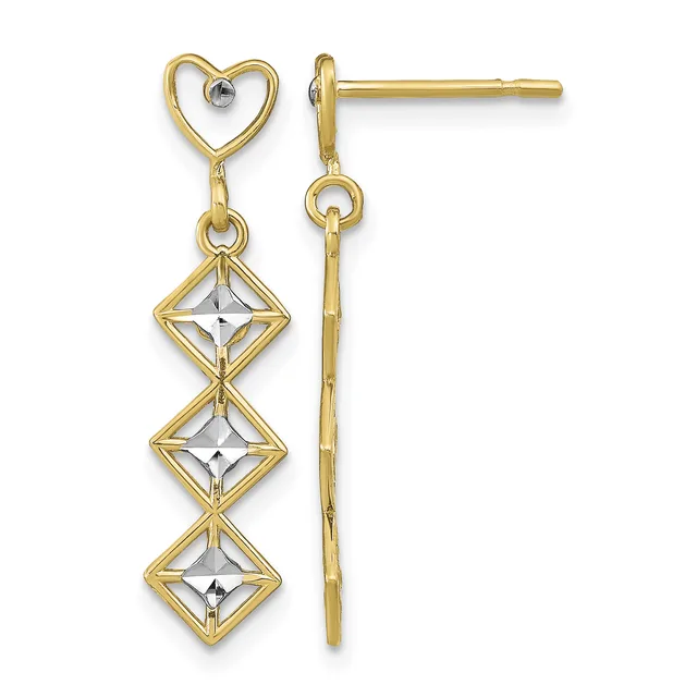 Pair of gold dangle earrings with heart-shaped tops and three stacked diamond-shaped charms with white stone centers, shown from front and back views.