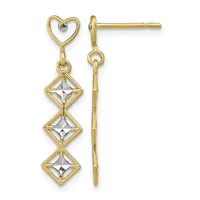 Pair of gold dangle earrings with heart-shaped tops and three stacked diamond-shaped charms with white stone centers, shown from front and back views.