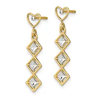 Pair of gold-toned dangle earrings with heart-shaped tops and three square crystal stones suspended below each heart by chain links.