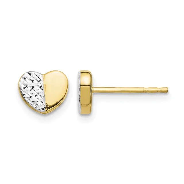 A pair of gold heart-shaped stud earrings with textured white gold on one half and polished yellow gold on the other half, shown from front and side views.