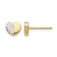 A pair of gold heart-shaped stud earrings with textured white gold on one half and polished yellow gold on the other half, shown from front and side views.