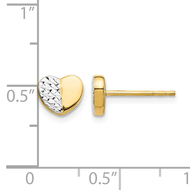 Two-tone gold heart stud earrings with textured white gold front and polished yellow gold back, shown against a measurement scale.