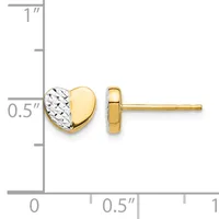 Two-tone gold heart stud earrings with textured white gold front and polished yellow gold back, shown against a measurement scale.