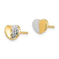 A pair of gold heart-shaped stud earrings with textured white gold accents on one half of each heart, shown from front and back views.