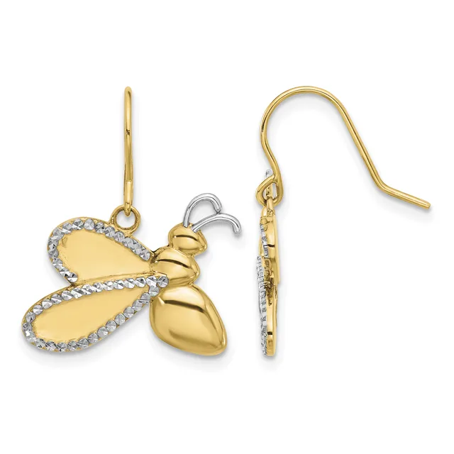 Pair of gold bee-shaped earrings with diamond-accented wings and hook-style ear wires, shown from front and back views.