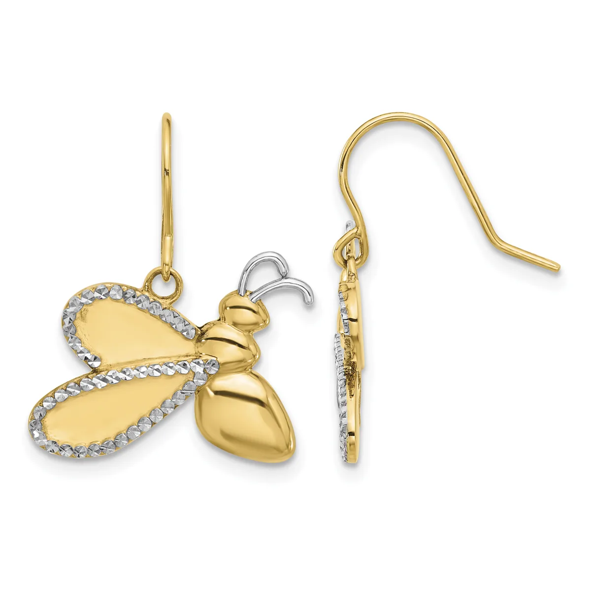 Pair of gold bee-shaped earrings with diamond-accented wings and hook-style ear wires, shown from front and back views.