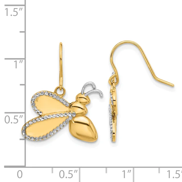 A pair of gold bee-shaped earrings with diamond accents on the wings, shown front and side view against a measurement scale.
